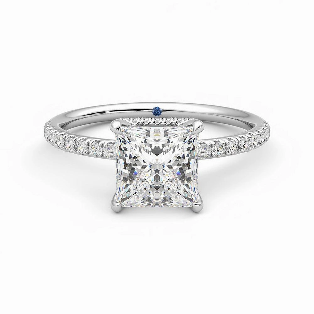 Princess Cut Moissanite Engagement Ring with Hidden Halo and Anniversary Stone Accent Vogue Feature