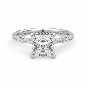 Elite Finish Princess Cut Moissanite Engagement Ring with Hidden Halo and Anniversary Stone Accent