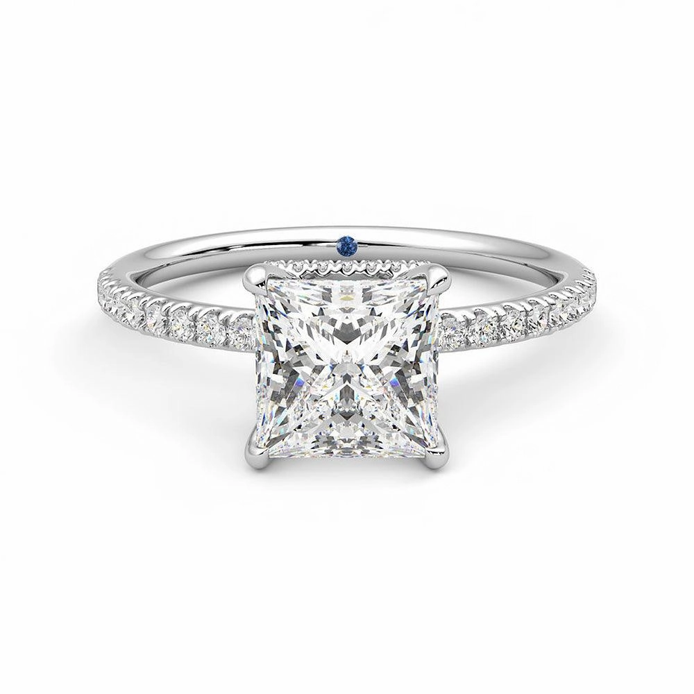 Minimal Sparkle Princess Cut Moissanite Engagement Ring with Hidden Halo and Anniversary Stone Accent