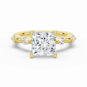 Petite Glam Exclusive Glam Princess Cut Moissanite Ring with Diamond Spaced Band and Hidden Halo