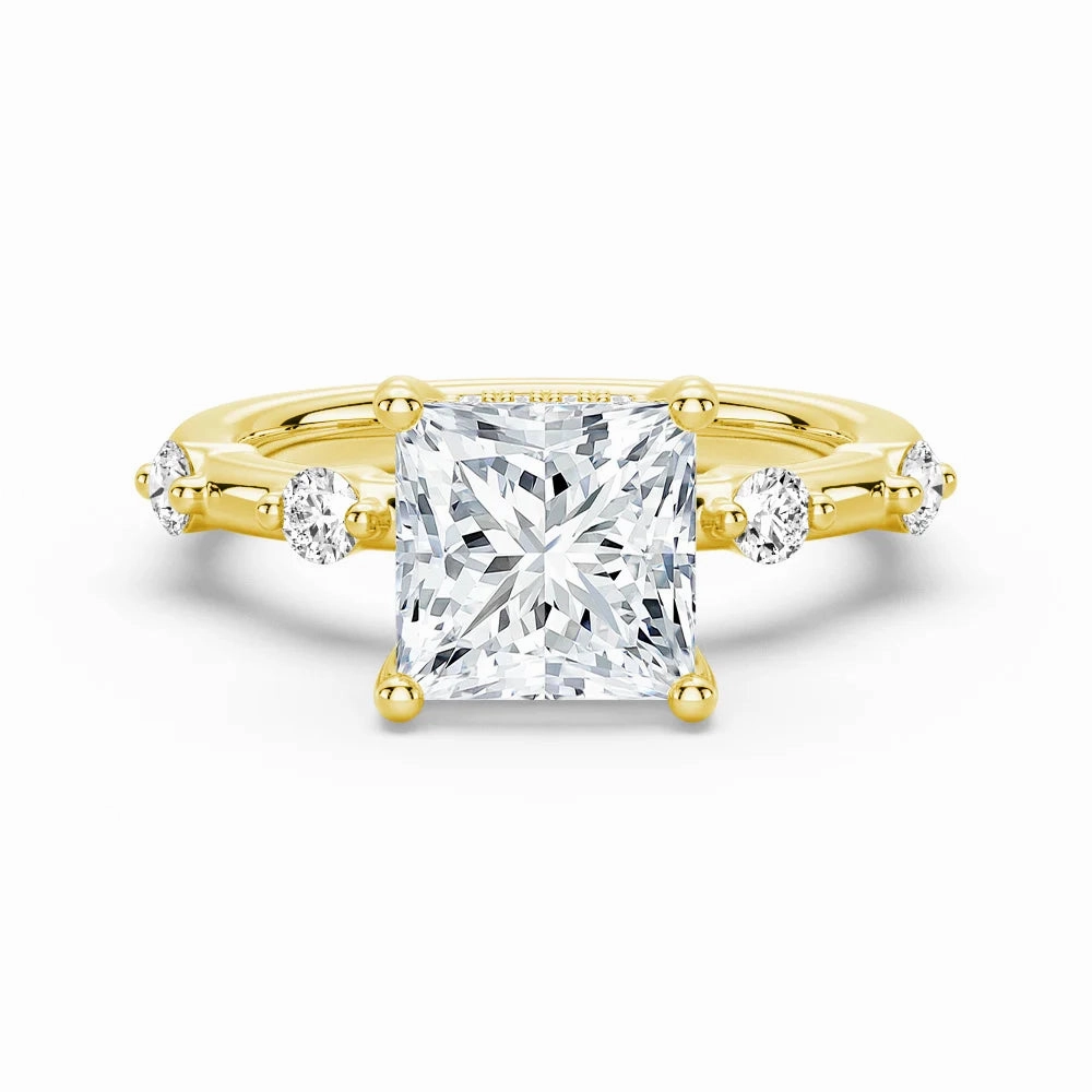 Princess Cut Moissanite Ring with Diamond Spaced Band and Hidden Halo Seasonal Finish