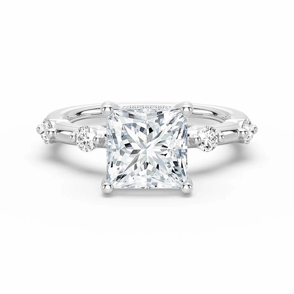 Modern Sparkle Princess Cut Moissanite Ring with Diamond Spaced Band and Hidden Halo