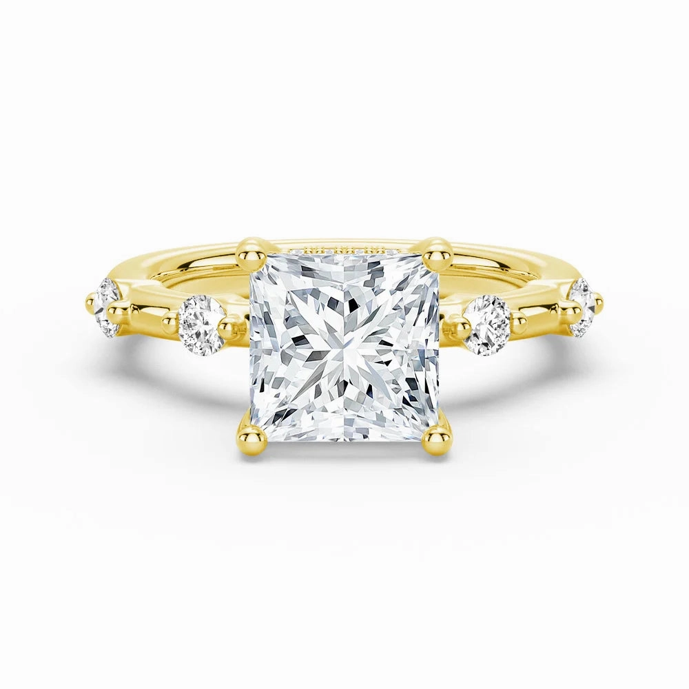 Opulent Gem Bold Jewelry Princess Cut Moissanite Ring with Diamond Spaced Band and Hidden Halo