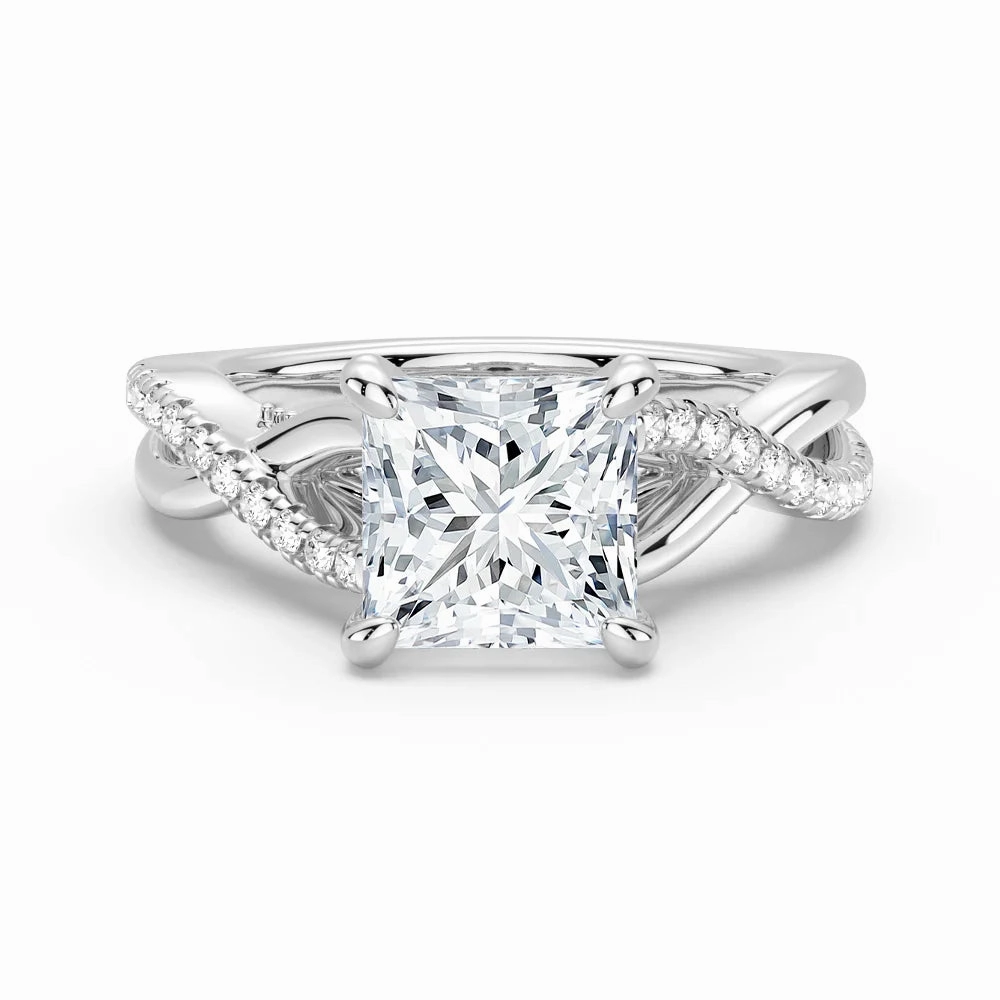 Princess Cut Moissanite Twisted Band Engagement Ring with Hidden Accents Fashionable Design