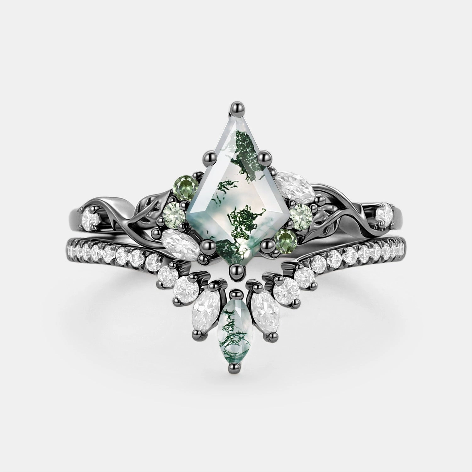 Shiny Jewels Kite Cut Moss Agate Leafy Engagement Ring Set 2pcs - Elowen