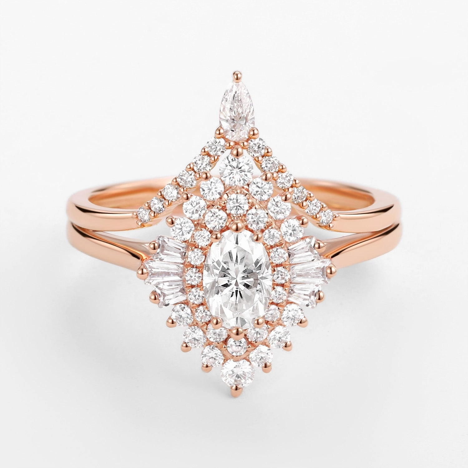 Radiant Statement Art Deco Oval Cut Moissanite Minimalist Pointed Halo Ring Set 2pcs