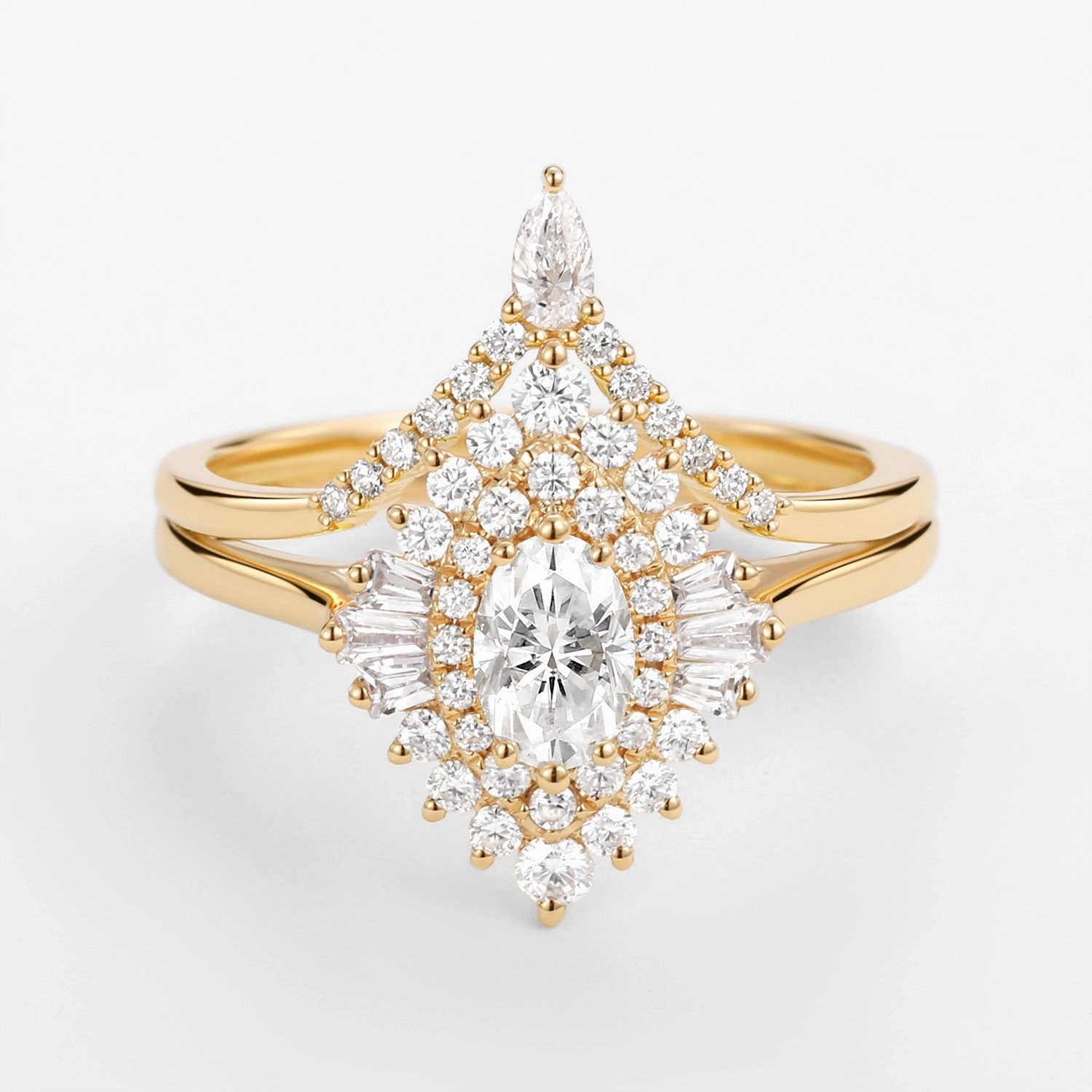 Art Deco Oval Cut Moissanite Minimalist Pointed Halo Ring Set 2pcs Subtle Beauty