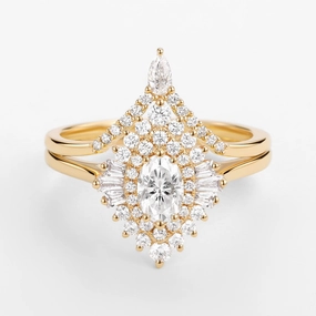 Timeless Style Art Deco Oval Cut Moissanite Minimalist Pointed Halo Ring Set 2pcs