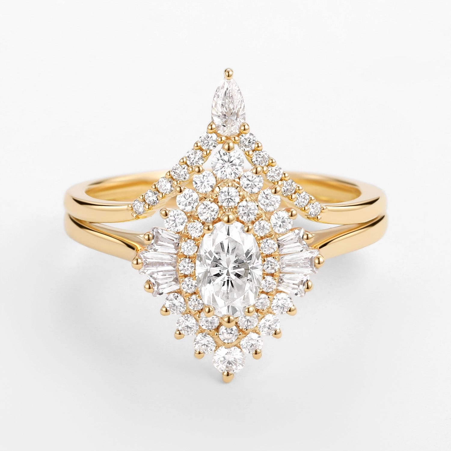 Timeless Style Art Deco Oval Cut Moissanite Minimalist Pointed Halo Ring Set 2pcs