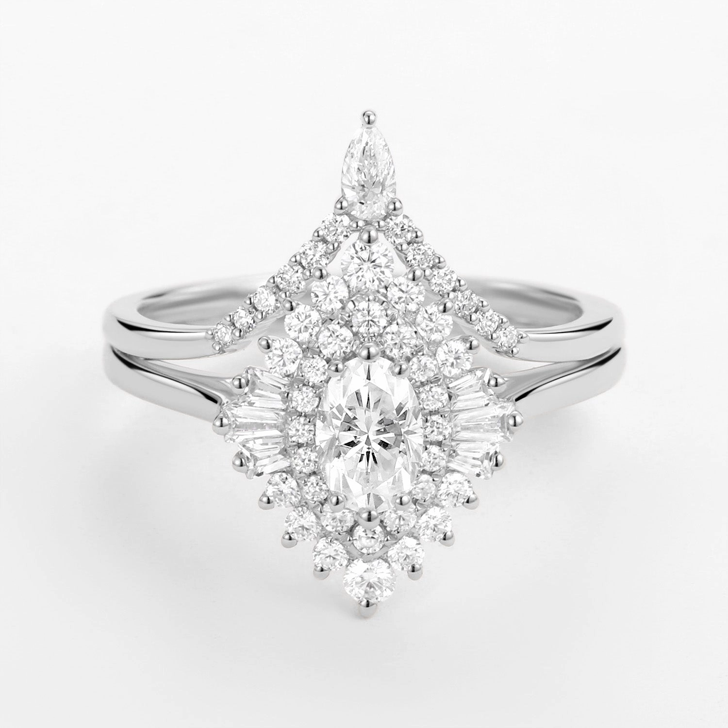 Art Deco Oval Cut Moissanite Minimalist Pointed Halo Ring Set 2pcs Modern Chic