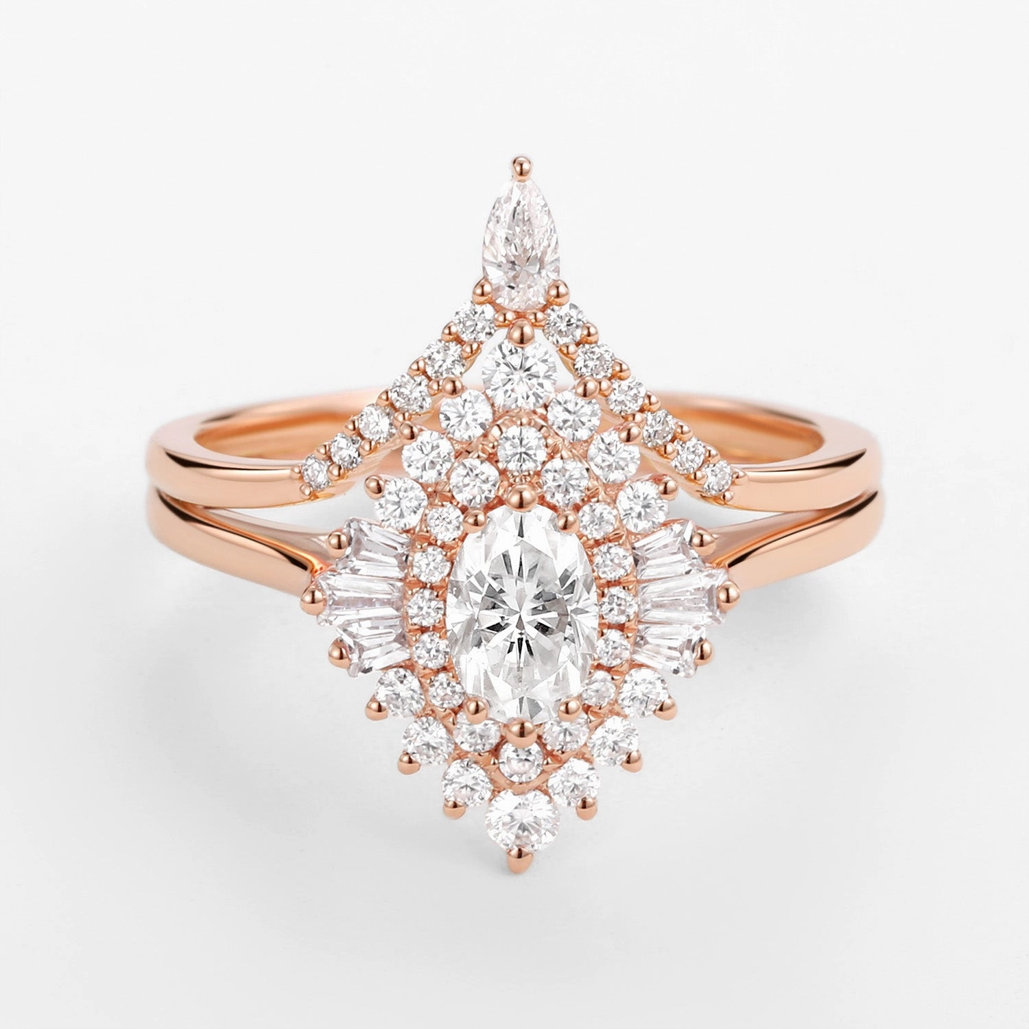 Art Deco Oval Cut Moissanite Minimalist Pointed Halo Ring Set 2pcs Sparkling Detail