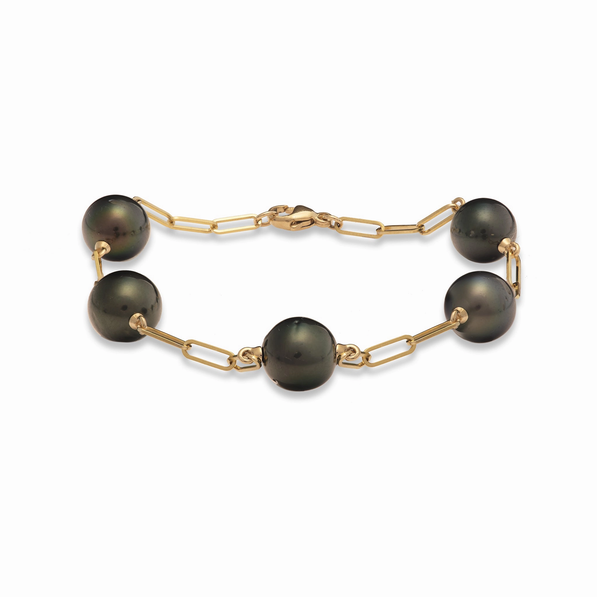 7.5-8" Paperclip Chain Tahitian Black Pearl Bracelet in Gold - 9-10mm Persistent Fusion Premium Choice