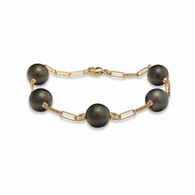 7.5-8" Paperclip Chain Tahitian Black Pearl Bracelet in Gold - 9-10mm Persistent Fusion Premium Choice