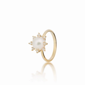 Protea Akoya White Pearl Ring in Gold with Diamonds - 8mm Romantic Adornment