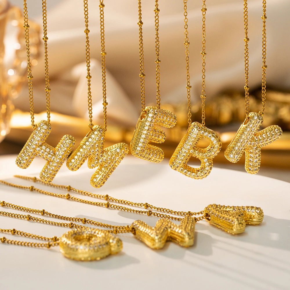 Comfortable Gift Fresh Gift Puffed CZ Initial Necklace 18K Gold Satellite Chain