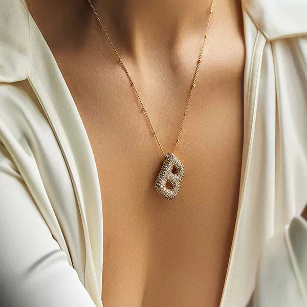 Puffed CZ Initial Necklace 18K Gold Satellite Chain Glam Style Superb Design