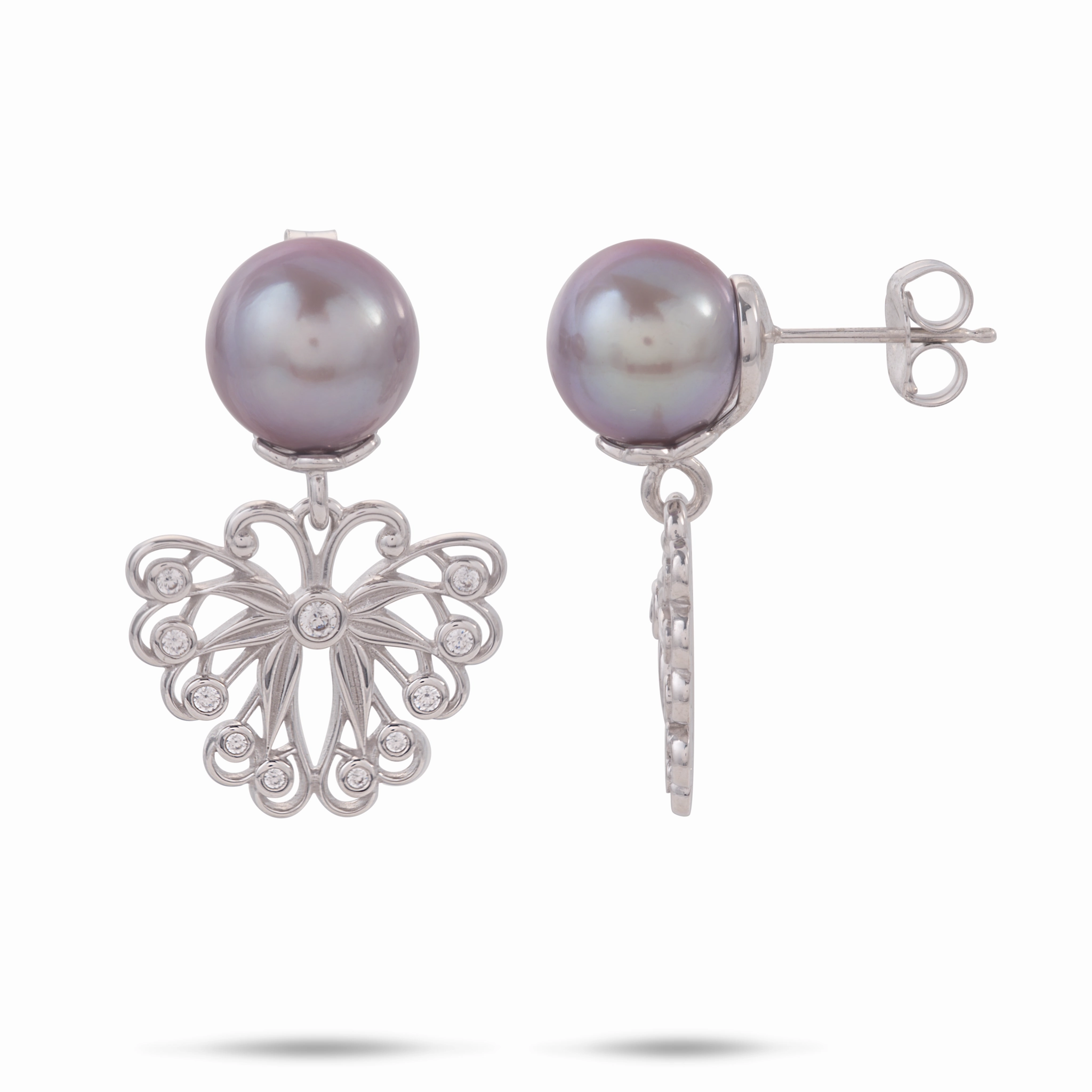 Chic Update Pulelehua (Butterfly) Freshwater Pearl Earrings in Sterling Silver with Cubic Zirconia - 9-10mm