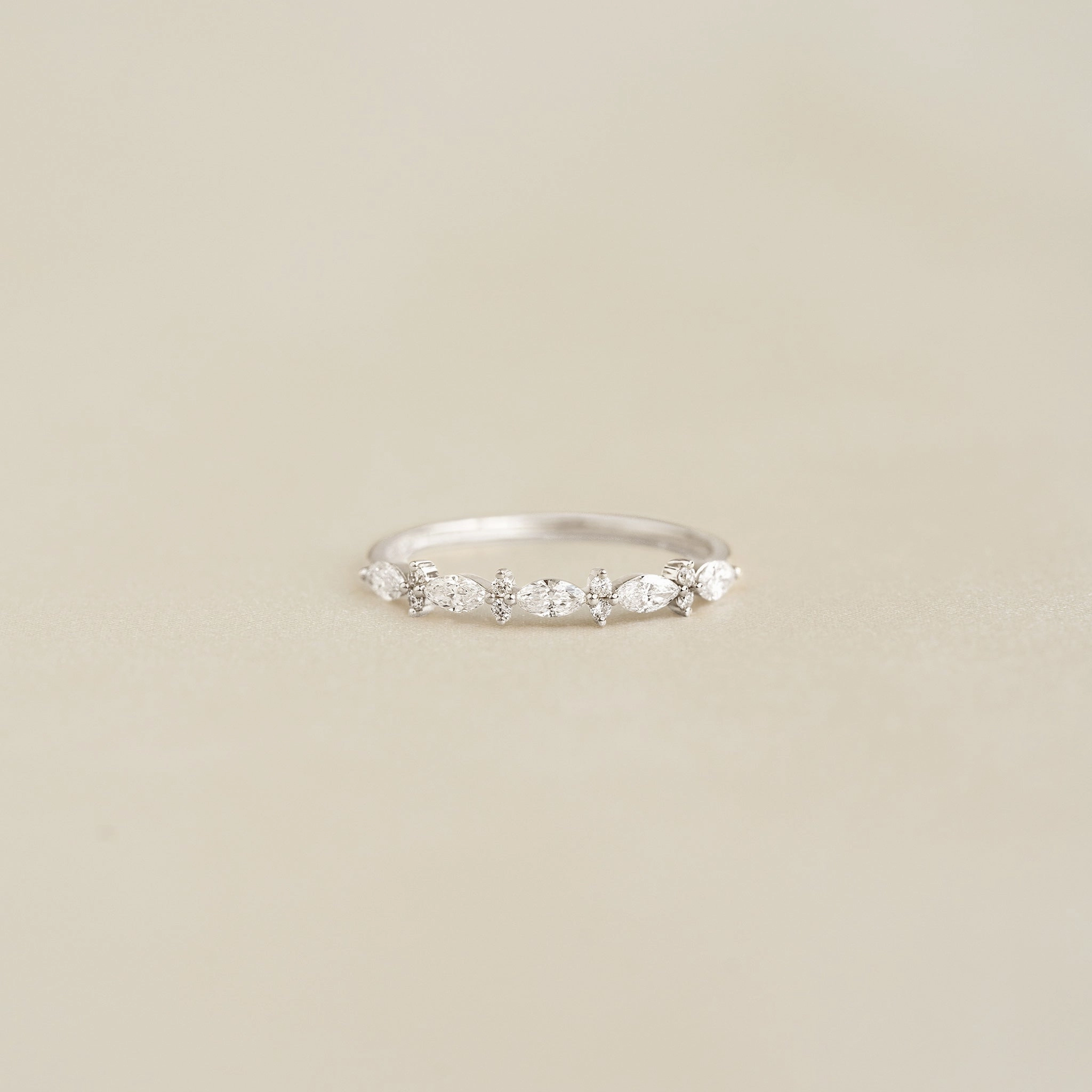 Balanced Texture Branded Expression Marquise and Round Diamond Ring White Gold - Aurelia