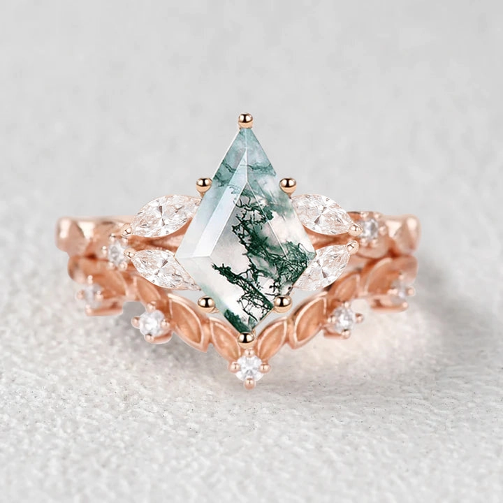 Nature Inspired - Kite Cut Moss Agate Leafy Engagement Ring Set 2pcs Eye-Catching Craft Monochrome Mood