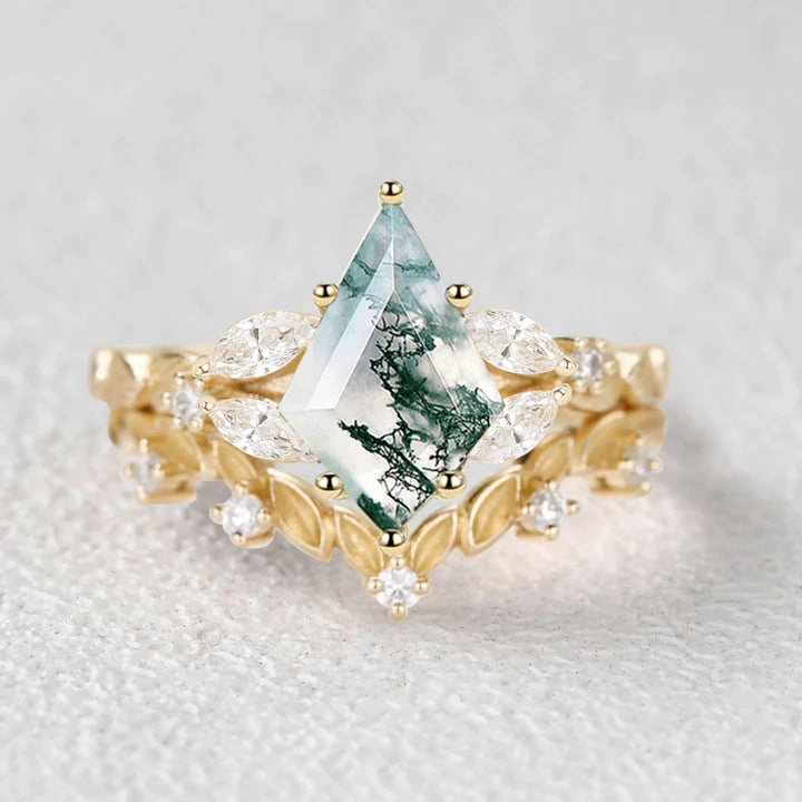 Nature Inspired - Kite Cut Moss Agate Leafy Engagement Ring Set 2pcs Custom Style Timeless Treasures