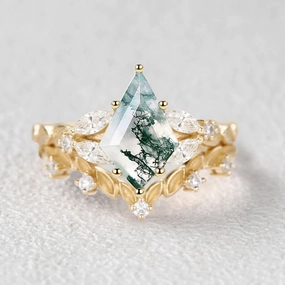 Nature Inspired - Kite Cut Moss Agate Leafy Engagement Ring Set 2pcs Custom Style Timeless Treasures