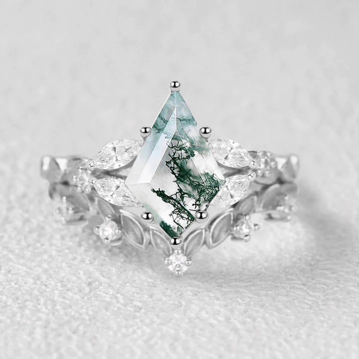 Polished Surface Flat Frame Nature Inspired - Kite Cut Moss Agate Leafy Engagement Ring Set 2pcs
