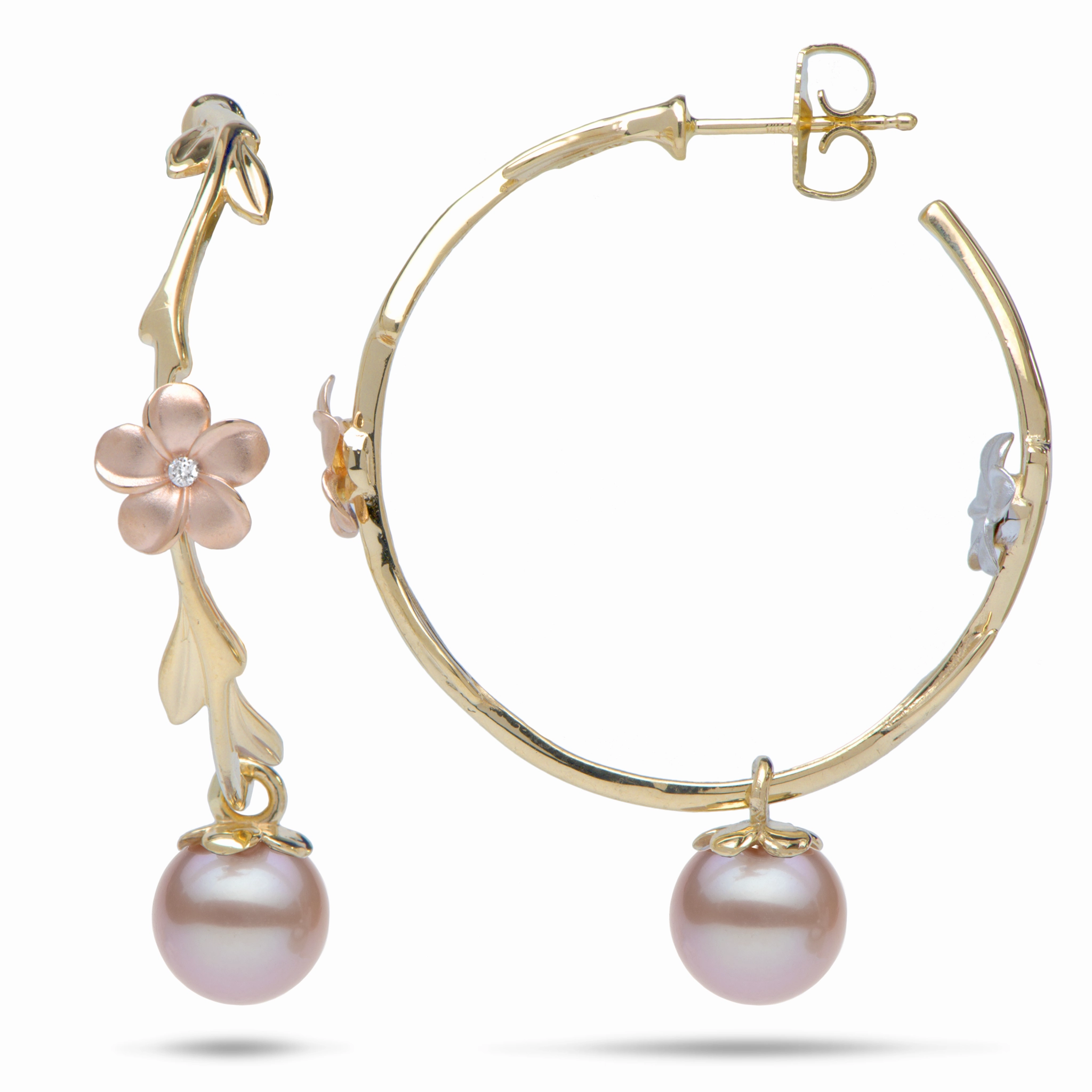 Pearls in Bloom Plumeria Lavender Freshwater Pearl Earrings in Tri Color Gold with Diamonds - 33mm Vintage Product