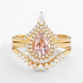 Dressy look Feminine Touch 1.5ct Peachy Morganite & Natural Opal Halo Ring Set 3pcs