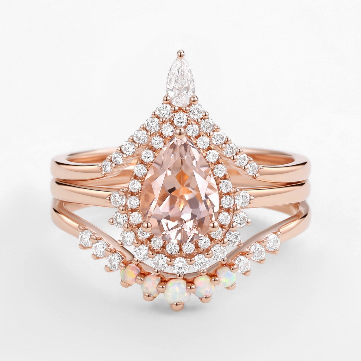 All Day 1.5ct Peachy Morganite & Natural Opal Halo Ring Set 3pcs