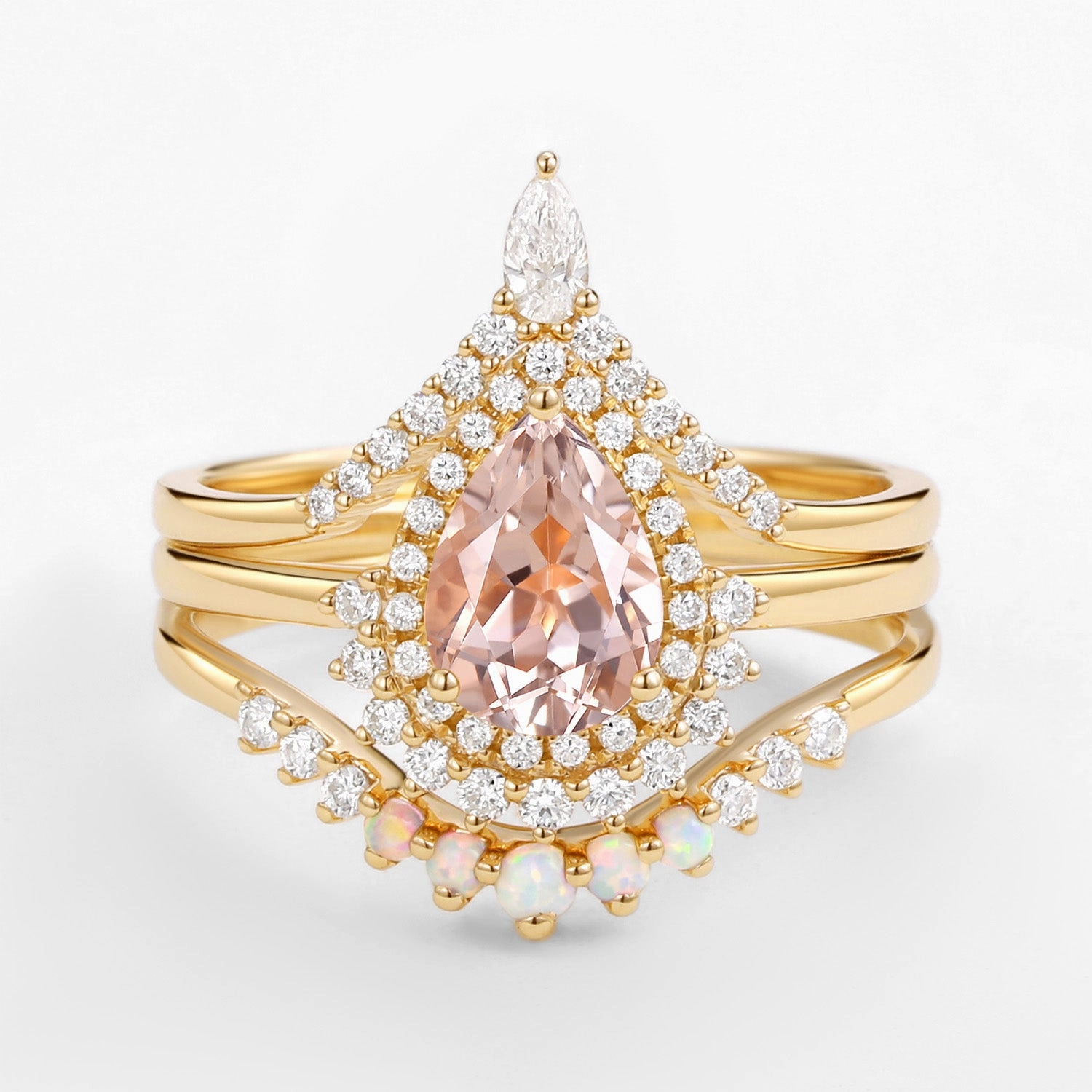 Dressy look Feminine Touch 1.5ct Peachy Morganite & Natural Opal Halo Ring Set 3pcs