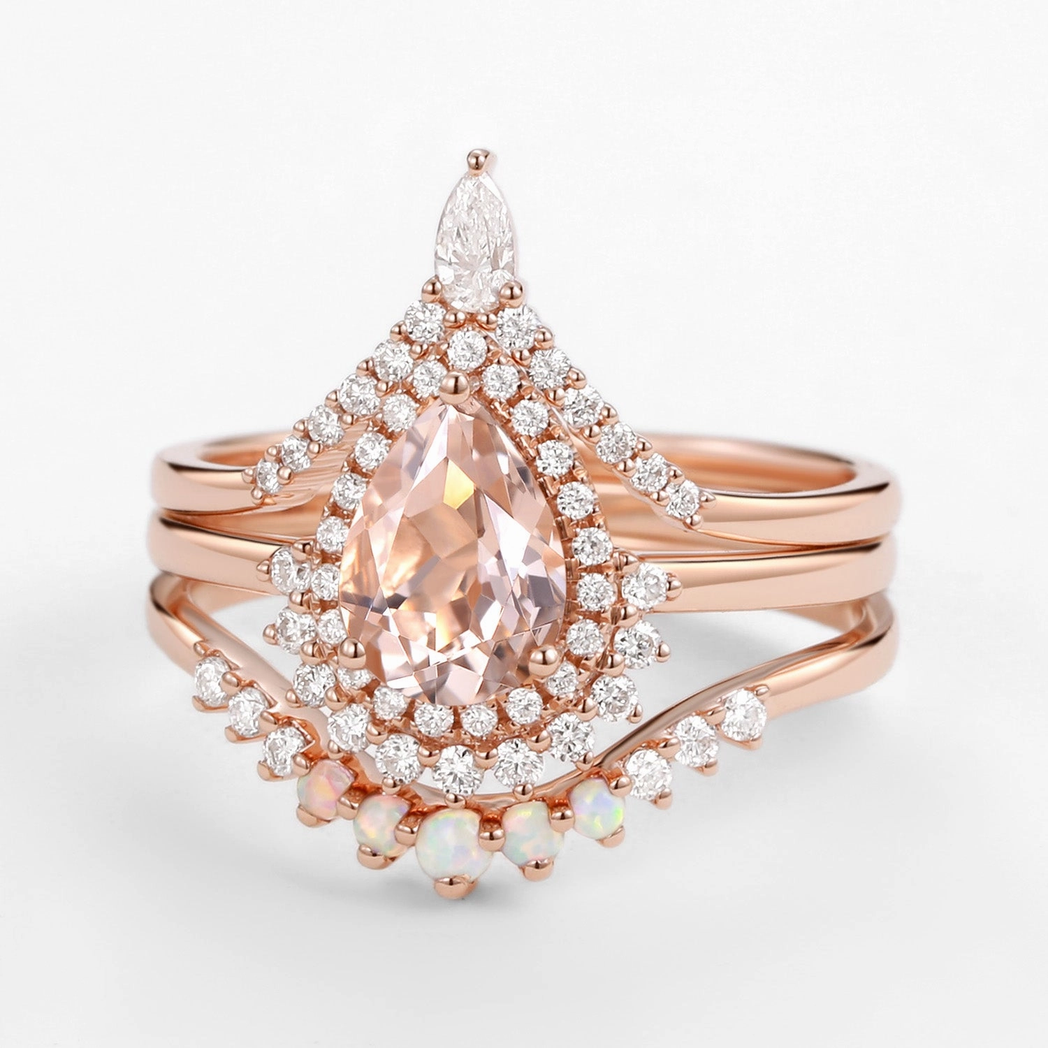 Bright Finish Refined Sparkle 1.5ct Peachy Morganite & Natural Opal Halo Ring Set 3pcs