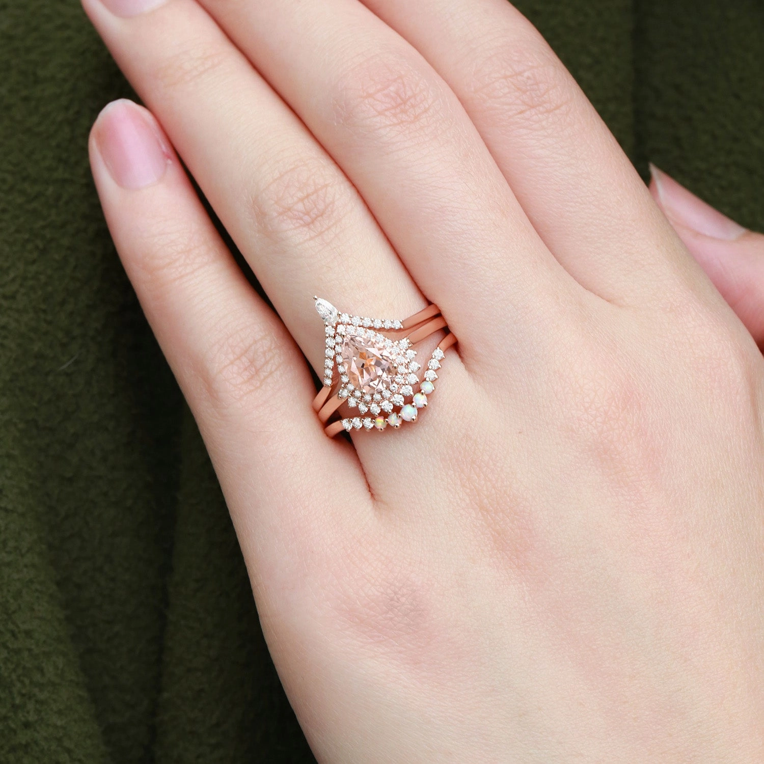 Radiant Piece 1.5ct Peachy Morganite & Natural Opal Halo Ring Set 3pcs