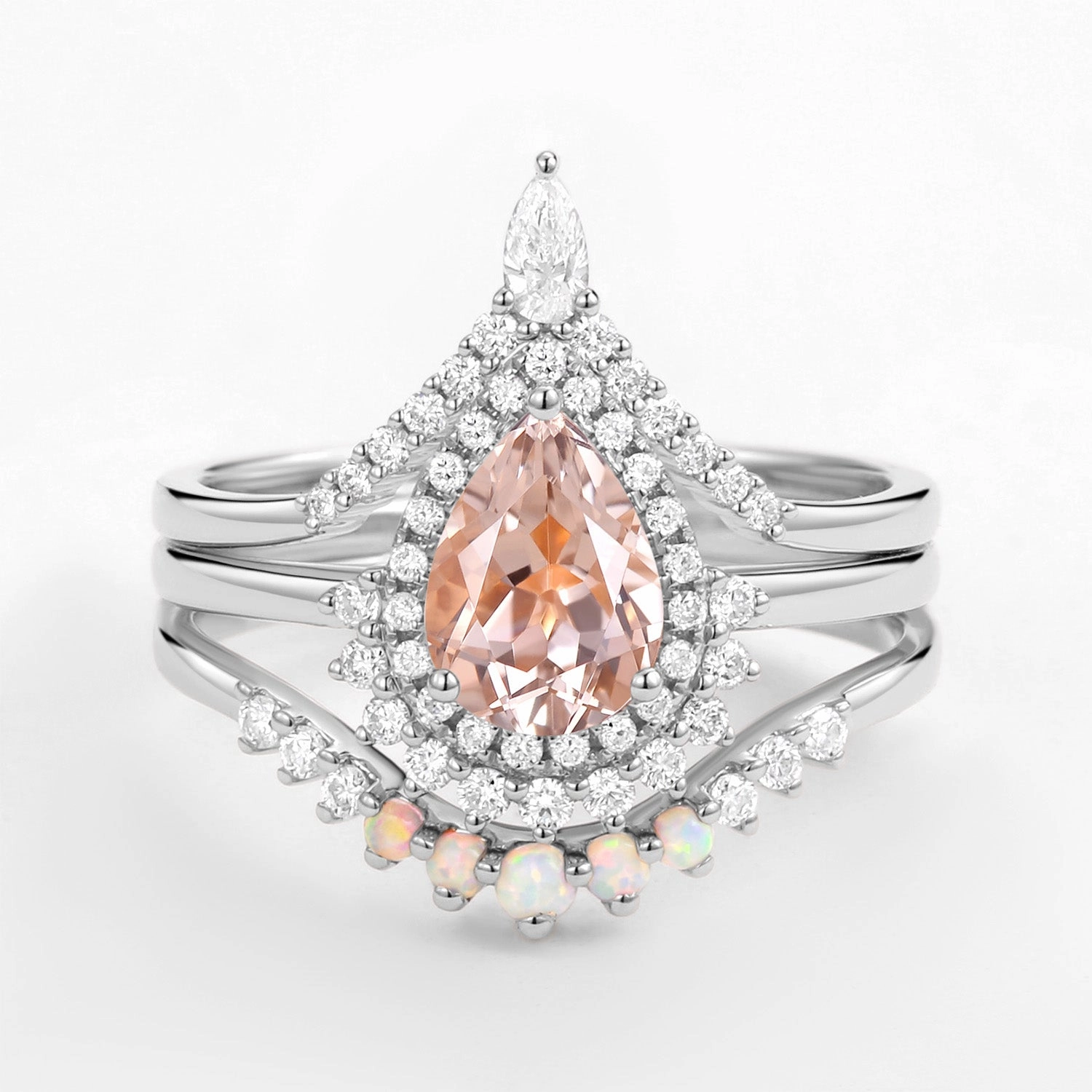 1.5ct Peachy Morganite & Natural Opal Halo Ring Set 3pcs Luxury Touch Playful Shine