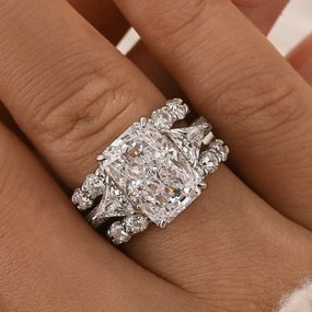 3PC Wedding Ring Set 5.0Ct Radiant Cut White Gold Side Stone Engagement Rings With 2PC Pav?? Wedding Band Luxury Ready