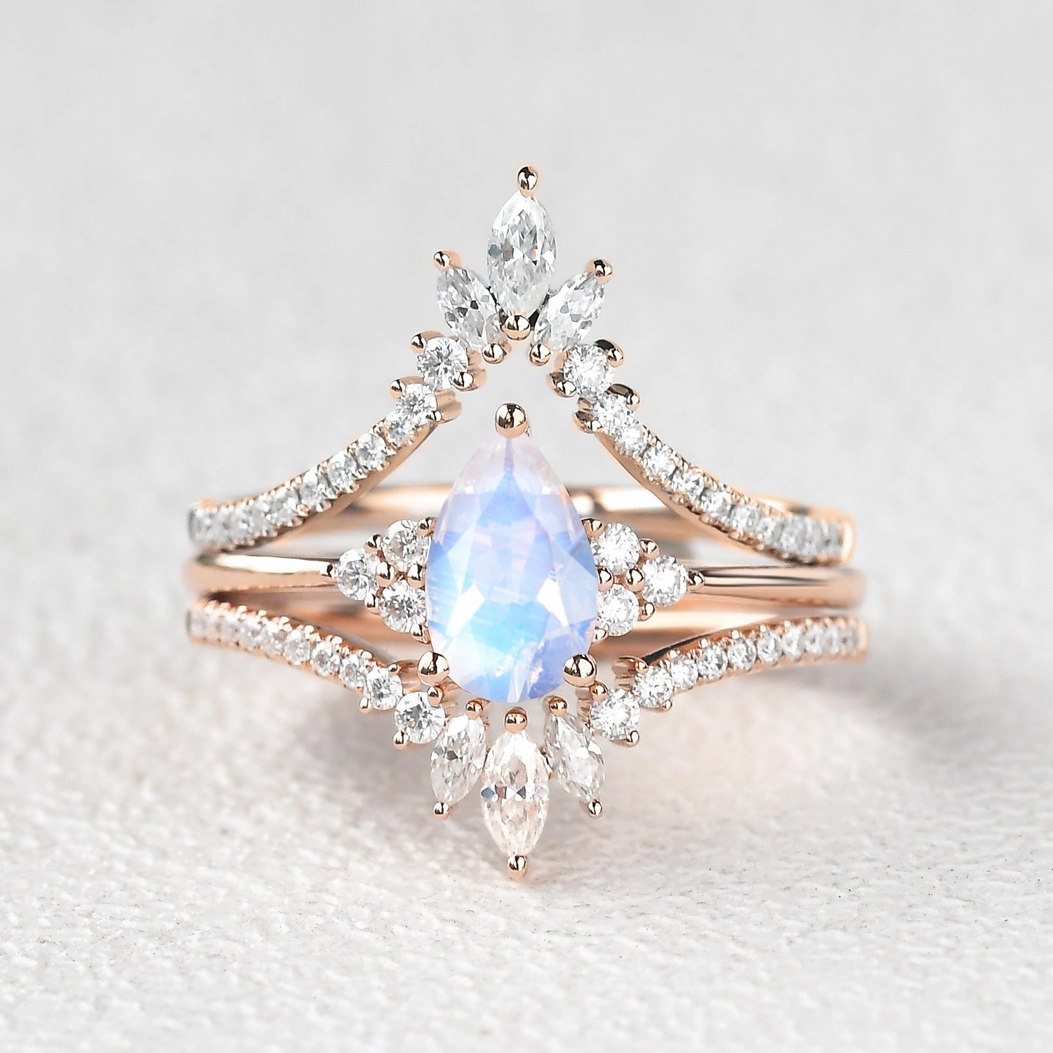 Moonstone Pear Signature Vintage Luna Ring Set 3pcs - Lydia Evening Feature