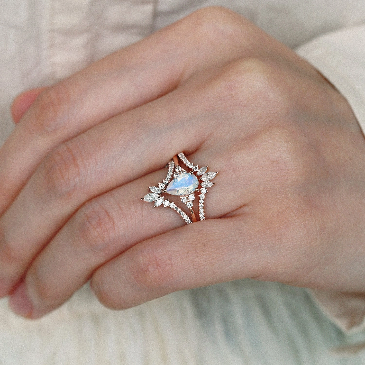 Moonstone Pear Signature Vintage Luna Ring Set 3pcs - Lydia Fall Mood