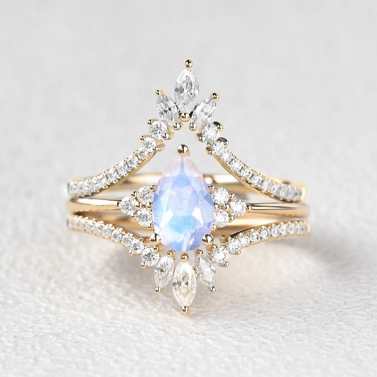Moonstone Pear Signature Vintage Luna Ring Set 3pcs - Lydia Sparkle Vibe