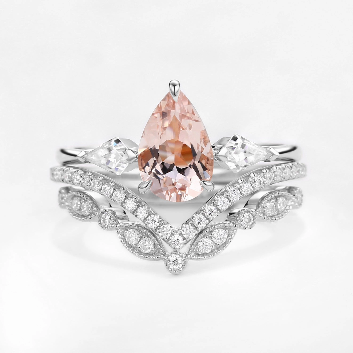 Trendy Detail Peachy Morganite & Moissanite Three Stone Ring Set 3pcs