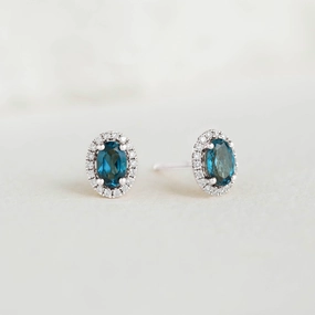 London Blue Topaz Halo Stud Earrings White Gold - Marzia Substantial Adornment