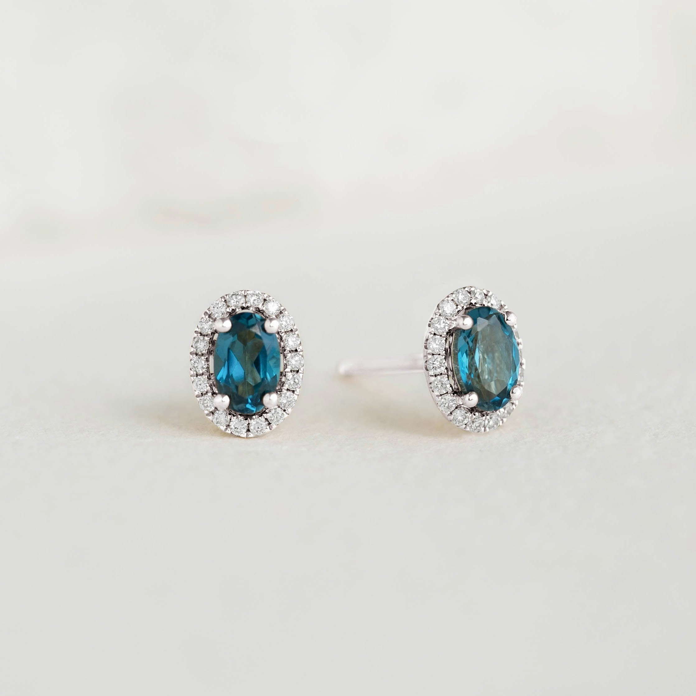 London Blue Topaz Halo Stud Earrings White Gold - Marzia Substantial Adornment