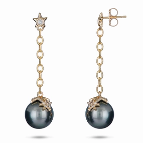 Reefs Starfish Tahitian Black Pearl Earrings in Gold with Diamonds - 10-11mm Office Style Chic Gifts