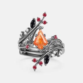 Kite Cut Sunstone Cage Leafy Engagement Ring Sets 2pcs - Knight Exclusive Jewelry
