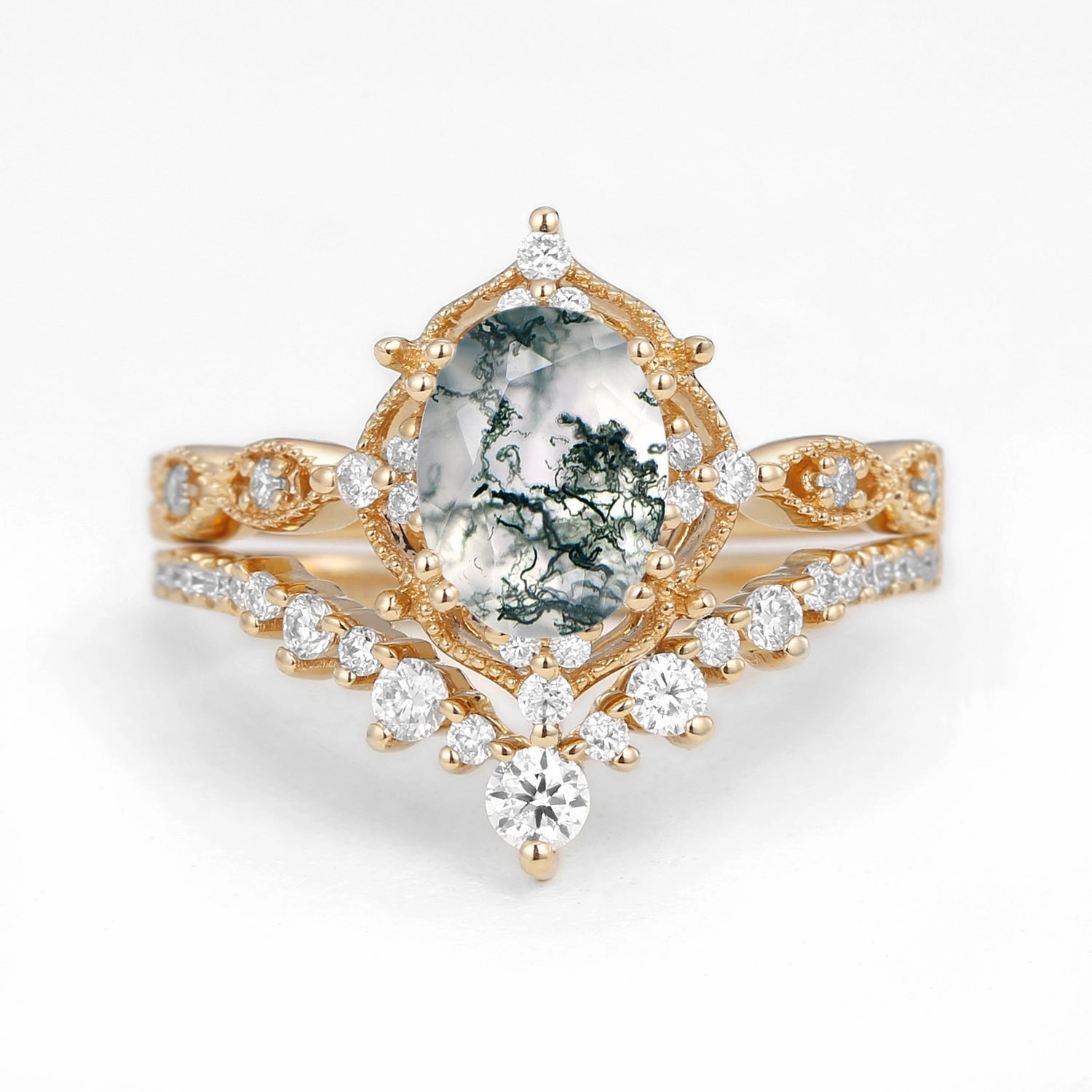 Distinctive Detailing Delicate Charm 1.5ct Signature Moss Agate Vintage Ring Set 2pcs - Charlotte
