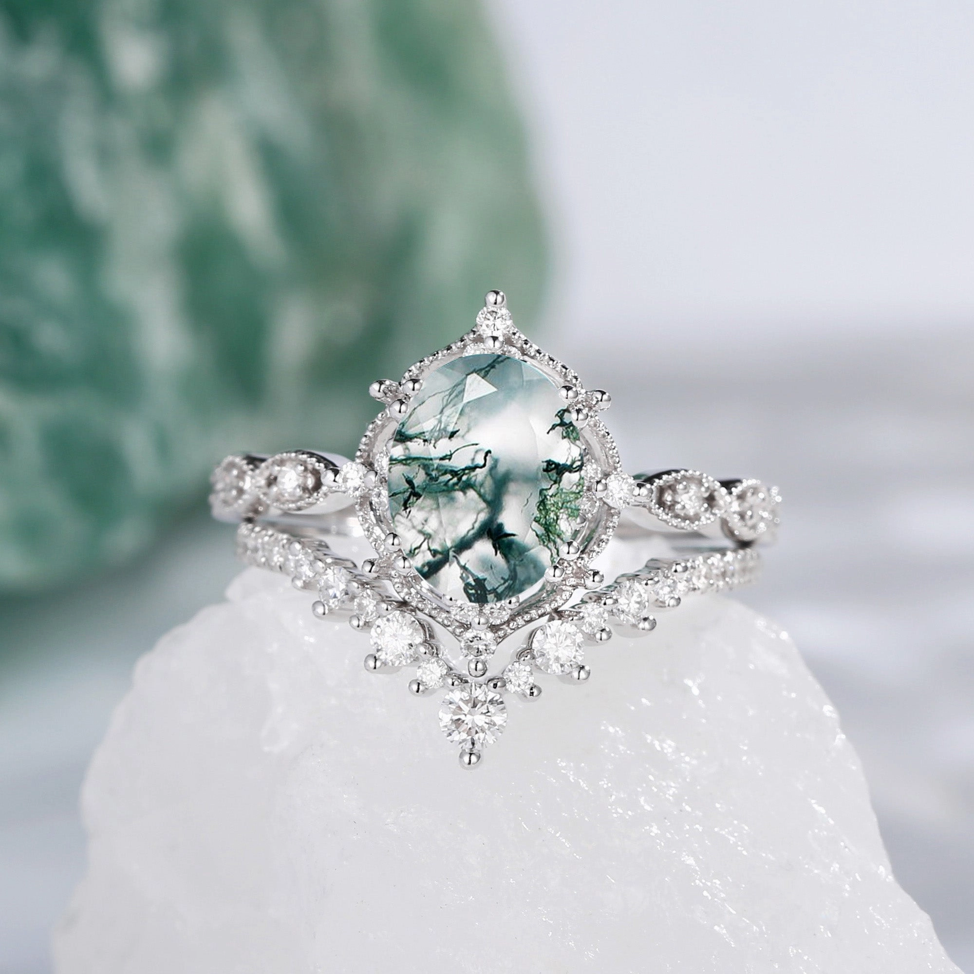 Exquisite detail Stylish Vibe 1.5ct Signature Moss Agate Vintage Ring Set 2pcs - Charlotte
