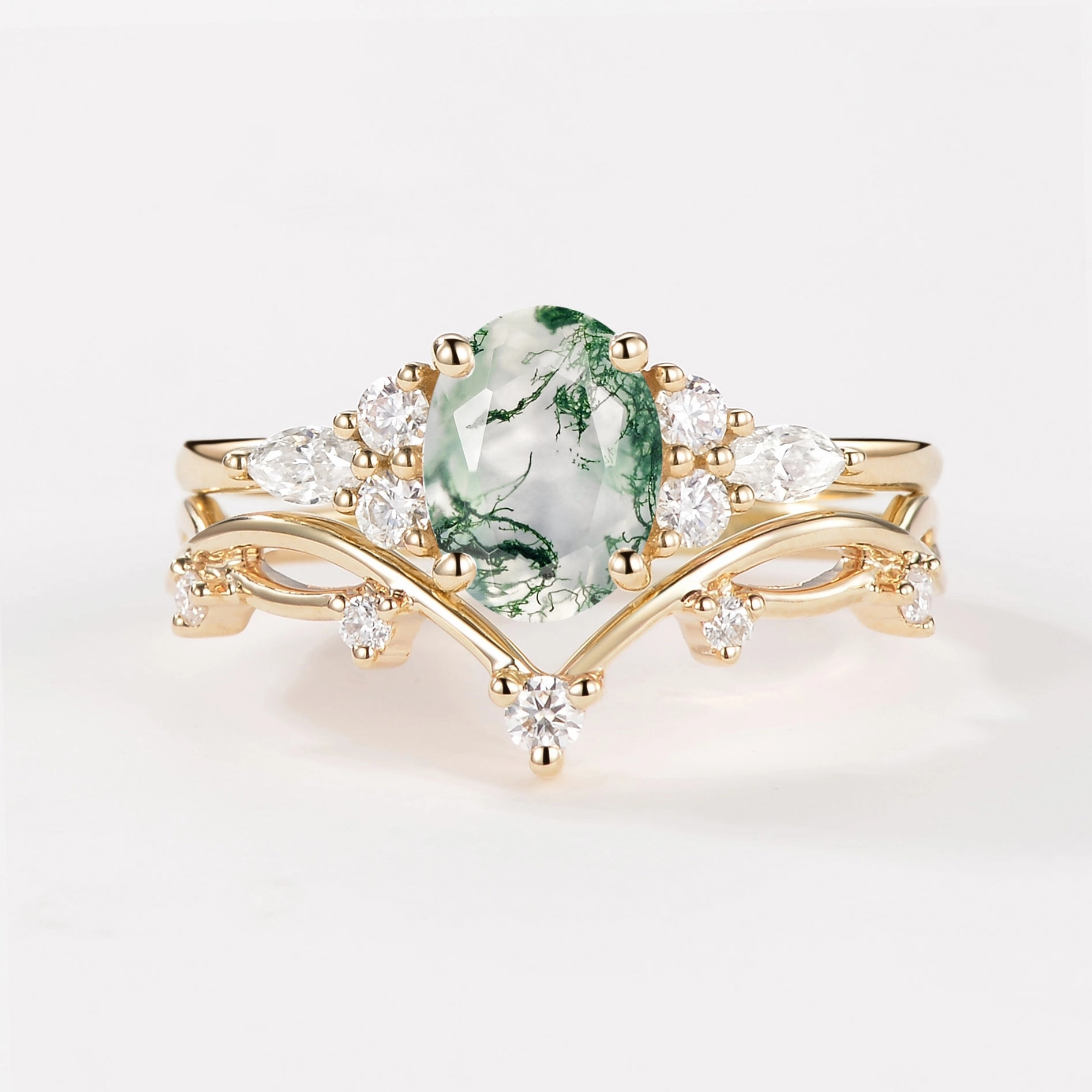 Youthful Glow Oval Cut Moss Agate Vintage Gold Ring Set 2pcs - Ona