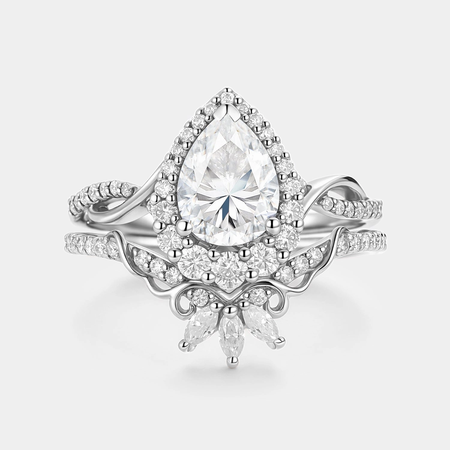 Bold Sparkle Pear Shaped  Moissanite Engagement Ring Set 2pcs - Vynne