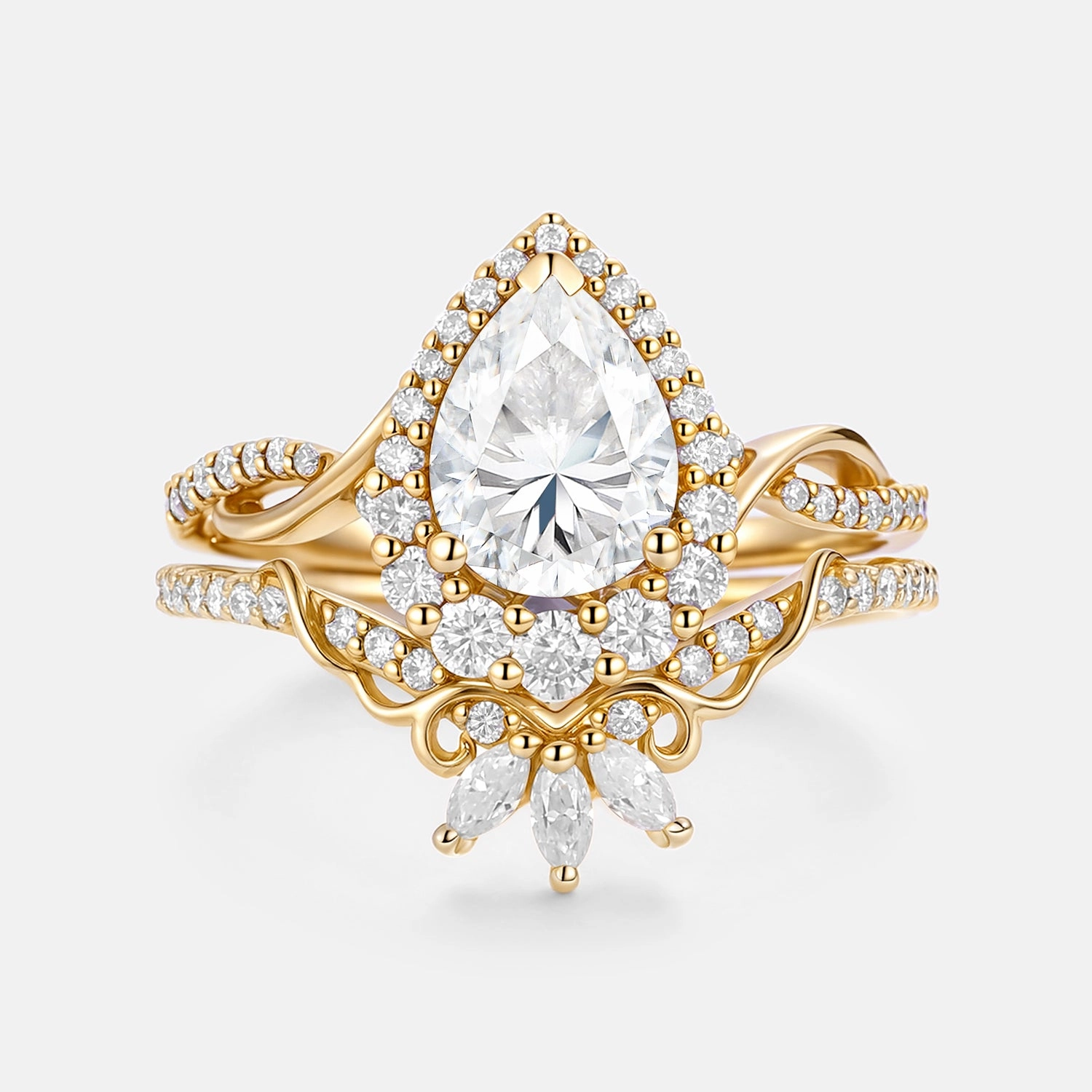 Pear Shaped  Moissanite Engagement Ring Set 2pcs - Vynne Distinctive Piece Bridal Accessory