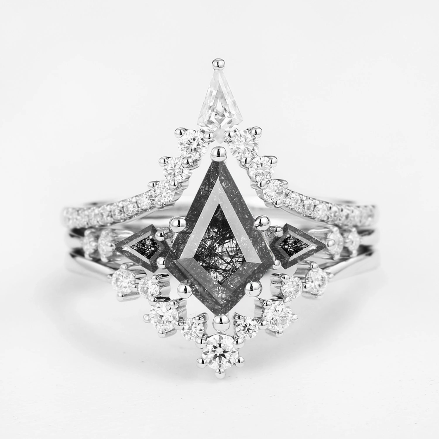 Handmade Shine Pieces Twin Flames - Kite Cut Black Rutilated Quartz Engagement Ring Set 3pcs - Tyler