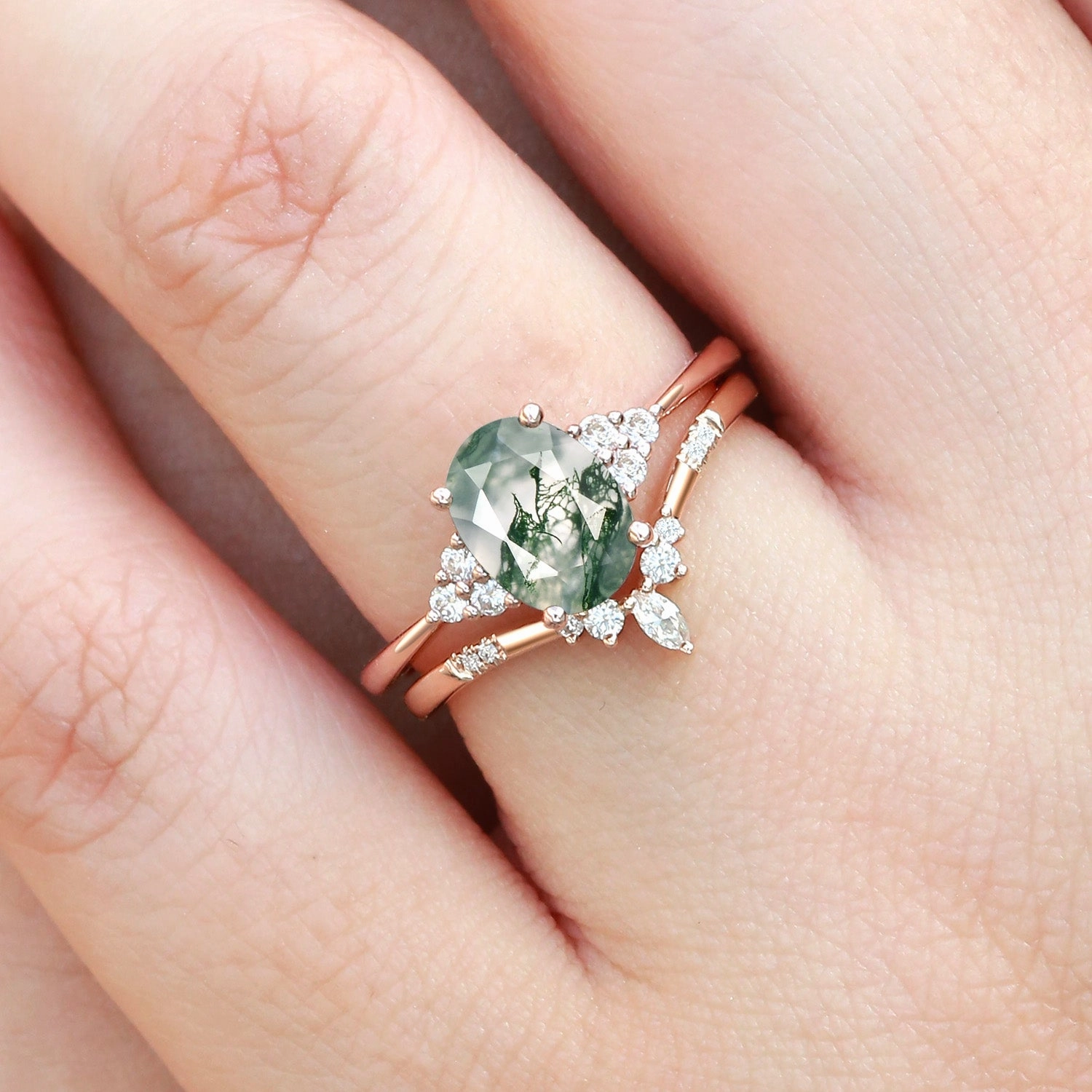 Wedding guest Oval Cut Moss Agate Classic Cluster Gold Ring Set 2pcs - Solara