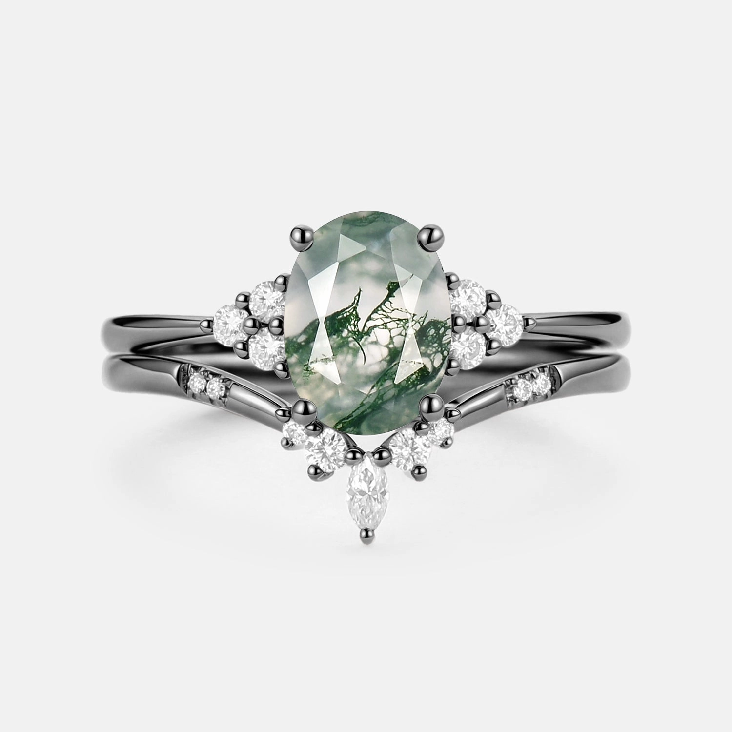 Bright design Style Pop Oval Cut Moss Agate Classic Cluster Gold Ring Set 2pcs - Solara